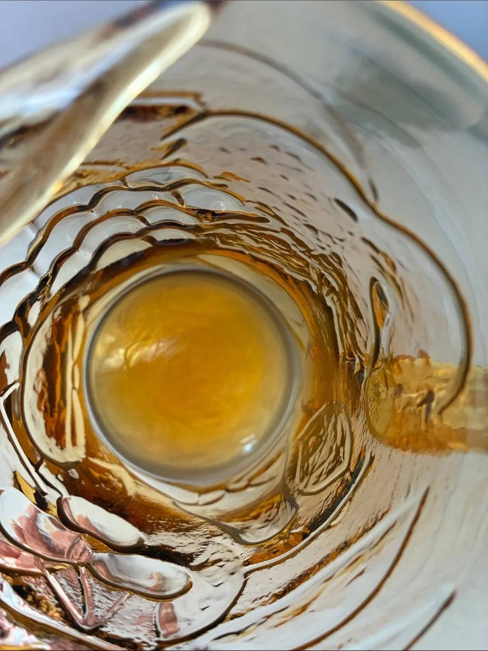 Amber Pressed Glass Pitcher with Fruit Motif